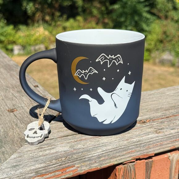 NEW Ghost Cat with Bats Crescent Moon Halloween Mug Blue Black 4” - Picture 1 of 3
